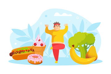 Tiny Chubby Man Doing Yoga Exercise, Overweight Man Character Balancing Between Healthy and Unhealthy Food Vector Illustration