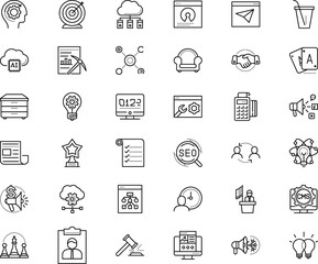 business vector icon set such as: arm, mechanism, press, news, restaurant, magnifier, brandy, open source, approve, armchair, report, map, group, source, investment, cocktail, credit, psychologist