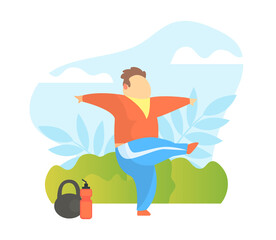 Chubby Man Doing Sport Exercise Outdoors, Overweight Man Character Doing Workout in Park Vector Illustration