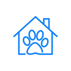 Cuidado de mascotas. Logotipo lineal zarpa de gato en casa en color azul