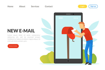 New Email Landing Page Template, Man Checking Mailbox on Smartphone Screen, Email Message Concept Vector Illustration