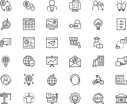 business vector icon set such as: grow, support, message, shape, trolly, paper, station, cycle, broadcast, letter, announce, blue, arrow, tablet, browser, coin, two, wireframe, currency, blockchain
