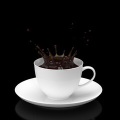 Splash of coffee in a cup with a saucer on a dark background. 3D illustration