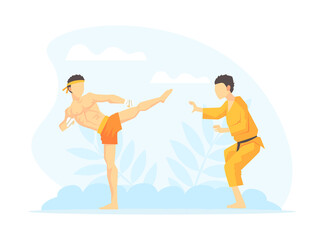 Asian Martial Arts Fighters, Two Male Athlete Characters Competing Vector Illustration