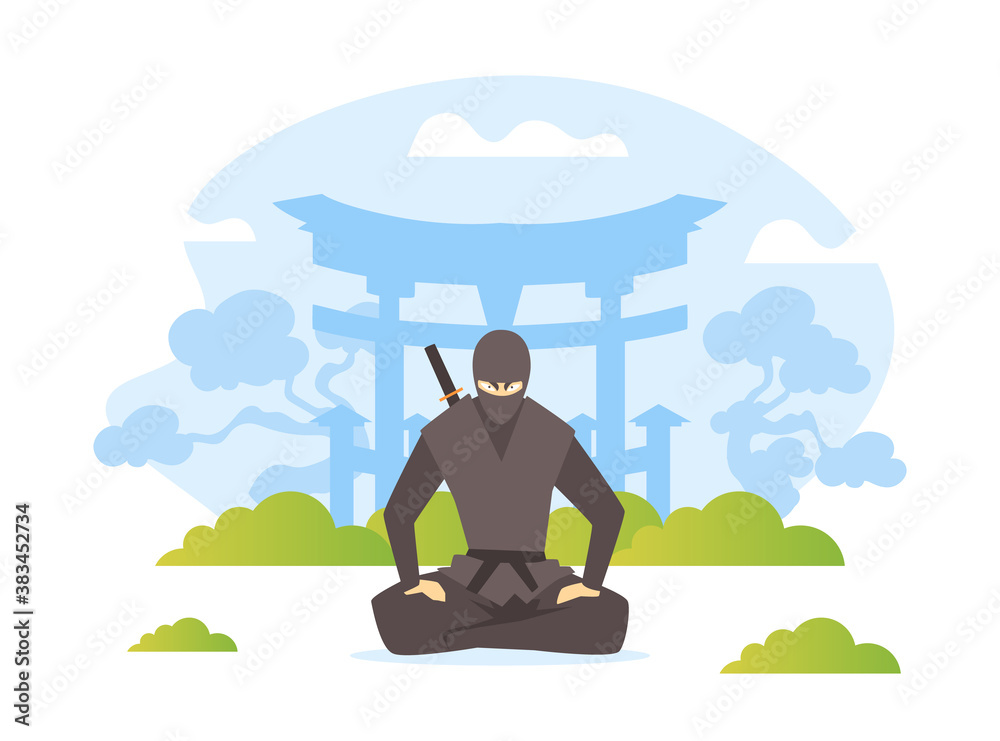 Wall mural Asian Martial Arts Fighter, Ninja Samurai Warrior Character Vector Illustration