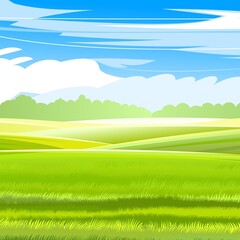 Fototapeta na wymiar Rural hills. Scenery. Vector. Pasture grass for cows and a place for a vegetable garden and farm. Meadows and trees. Horizon. Beautiful view. Summer.