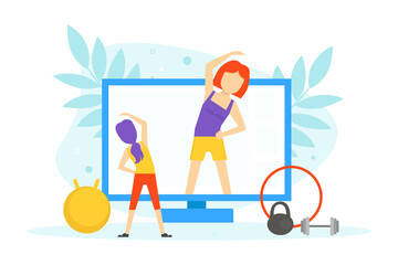 Young Woman Doing Sports with Fitness Coach, Professional Personal Trainer Online, Active Healthy Lifestyle Concept Vector Illustration