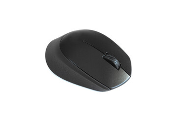 Black wireless laptop computer mouse on white isolated background. Business concept