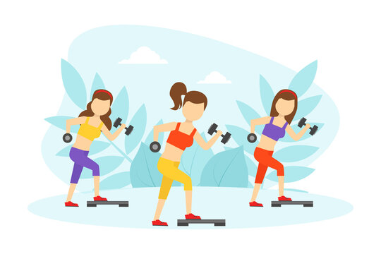 Group of Young Women Exercising with Dumbbells, Girls Doing Fitness in Gym, Active Healthy Lifestyle, Indoor Sports Concept Vector Illustration