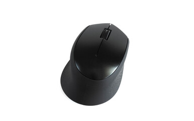 Black wireless computer mouse on white isolated background