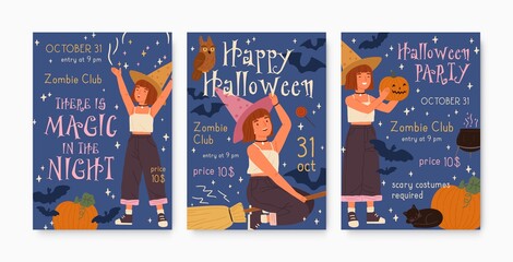Colorful poster for childish Halloween party. Placard with little cute red haired witch riding magical broomstick, holding pumpkin. Flat vector cartoon illustration of happy girl in mage hat