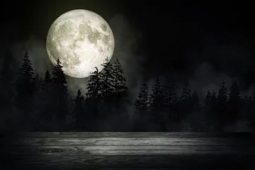 Papier Peint photo autocollant Pleine lune Wooden table top with forest in the dark night and fog or mist with full moon in background. (Elements of this image furnished by NASA.)