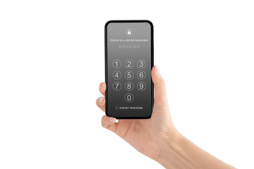 Technology, Internet, Digital and Networking Security Concept : Hand holding and showing smartphone with passcode keypad for lock or unlock, login or enter password screen.