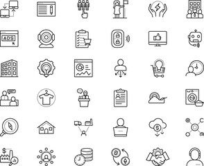 business vector icon set such as: optical, headset, virtual, visual, commercial, space, style, ecology, stroke, film, center, recruiter, helpline, state, sticky, behavioral, wash, art, hour, diagram