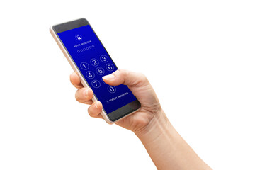 Technology, Internet, Digital and Networking Security Concept : Hand holding smartphone and entering passcode on keypad for lock or unlock, login or enter password on screen.