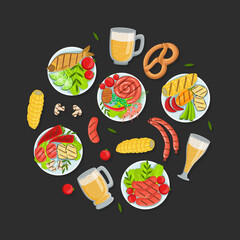 Traditional German Cuisine Dishes of Round Shape, Oktoberfest Beer Festival Banner Vector Illustration
