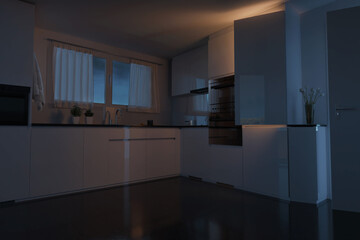 3d rendering of white elegante kitchen with natural stone tiles at night