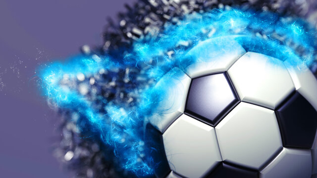 Energetic White-Black Soccer ball with blue-orange flare smoke under dark blue background. 3D illustration. 3D high quality rendering.