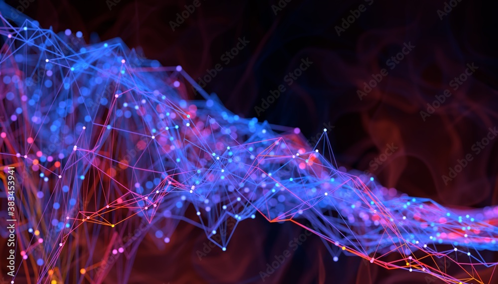 Poster Abstract background with mesh or plexus and shallow DOF. Technology concept. 3D render / rendering