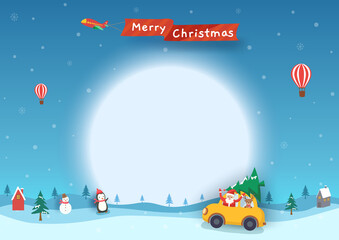 Fototapeta na wymiar Merry Christmas banner with santa claus in car on snowy winter background