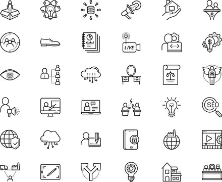 business vector icon set such as: young, station, solar, computer-based, beautiful, leather, care, leap, 24th live stream video, programming, search, sign symbol, page, generating, force, drawer