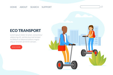 Eco Transport Landing Page Template, People Riding Hoverboards on City Street Outdoors Vector Illustration
