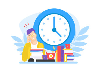 Overworked Businessman Accounting at Office Desk, Businessman Character Sitting at Table with Stacks of Documents and Folders Vector Illustration