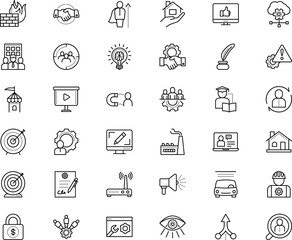 business vector icon set such as: paper, plan, medieval, inspiration, speech, science, automobile, media, speaker, seminar, antivirus, automotive, bulb, perfection, switch, mind, start, linear