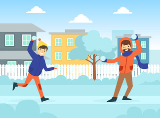 Father and His Teenage Son Playing Snowballs Outdoors Dressed in Winter Clothing, Winter Sports and Activities Concept Vector Illustration
