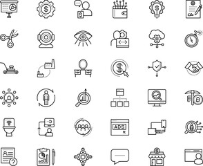 business vector icon set such as: bar, options, lamp, storage, choice, ideas, solution, webmaster, view, browser, safe, laptop, money making, technical, server, sales, effective, timer, board