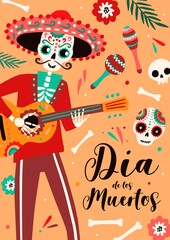 Dia de los muertos traditional mexican holiday poster decorated with skeleton in sombrero playing the guitar. Flat vector cartoon illustration. Vertical placard for national Day of the Dead festival