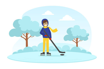 Boy Dressed in Warm Clothing Playing Hockey in Winter Landscape, Outdoor Activity During Winter Holidays Vector Illustration