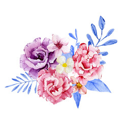 Watercolor pink flower illustration. Christmas blue floral. Botanical illustration for greeting card, wedding card, bridal shower and baby shower.