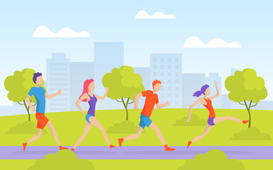 Young Man and Woman Running in Park, People Dressed in Sportswear Taking Part in Sports Competition or Marathon, Outdoor Morning Workout Vector Illustration