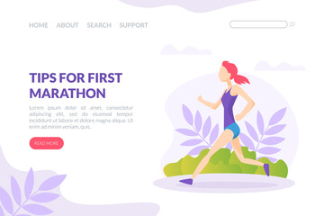 Tips for First Marathon Landing Page Template, Running Competition Web Page, Young Woman Jogging or Running in Park Vector Illustration