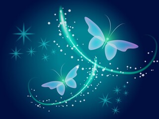 Fototapeta na wymiar Glowing image with magic butterflies. Transparent reflective background for graphic design. Neon green pictures.