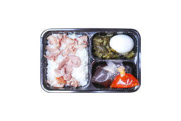 Set of  thai food take away top view,  Rice with pork leg stew recipe  ( rice ,  boiled egg, pickled chinese cabbage ,soup  and  sour sauce ) in plastic box isolated on white background clipping path