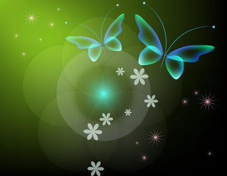 Glowing image with magic butterflies. Transparent reflective background for graphic design. Neon green  pictures.