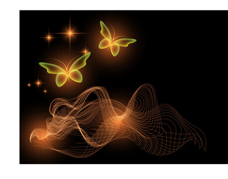 Glowing image with magic butterflies. Transparent reflective background for graphic design. Neon yellow pictures.