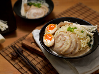 Close up view of Tonkotsu ramen with pork bone based soup