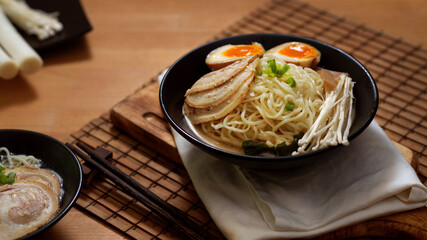 Tonkotsu ramen with pork bone based soup, traditional Japan noodle