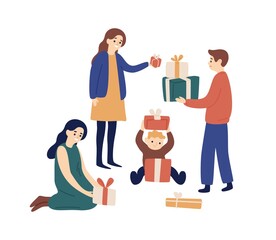 Family members or relatives exchanging festive gift boxes vector flat illustration. Smiling man, woman and child giving presents to each other isolated. Celebrating Christmas or holiday together