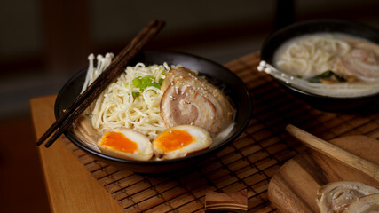 Tonkotsu ramen with pork bone based soup, traditional Japan noodle