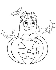Obraz premium The cat is celebrating Halloween - vector linear illustration for coloring. Coloring page with a cat looking out of a Halloween pumpkin and bats. Cute kitten. Outline.
