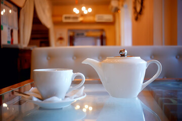 breakfast in a cafe, interior morning food hotel, teapot and cup serving restaurant