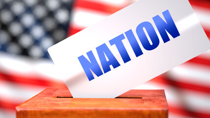 Fototapeta na wymiar Nation and American elections, symbolized as ballot box with American flag in the background and a phrase Nation on a ballot to show that Nation is related to the elections, 3d illustration
