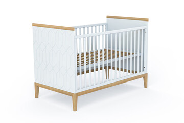 3D illustration. White modern design crib for kids isolated on white background. Baby cot with brown solid wood legs. Geometric ornament pattern on the side of the bed. Scandinavian style.