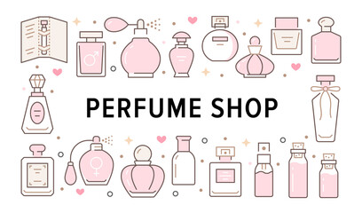 Perfume bottles horizontal poster with pink line icons. Vector horizontal illustration included icon glass sprayer, luxury parfum, essential oil, outline pictogram for cosmetic store flyer, brochure