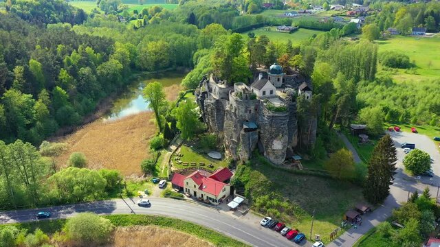 Aerial view of Sloup Castle in Northern Bohemia, Czechia. Sloup rock castle in the small town of Sloup v Cechach, in the Liberec Region, north Bohemia, Czech Republic.