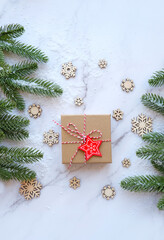 Fototapeta na wymiar Christmas tree and Gift box. Christmas and New Year holiday background. festive winter season concept